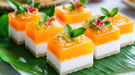 Delight in this vibrant layered dessert showcasing orange jelly and creamy coconut atop a soft base, elegantly adorned with floral accents and green leaves.の素材