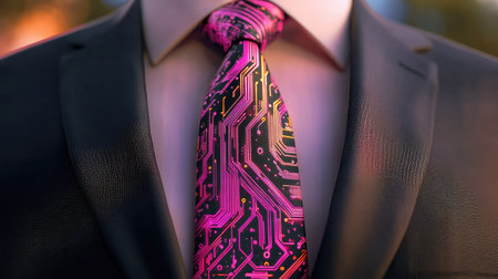 This image showcases a man in a sleek suit with a striking tie featuring a colorful circuit board design. The combination exudes modernity and style in a corporate environment.の素材