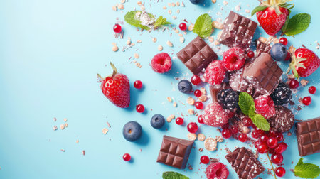 This vibrant image showcases a delightful arrangement of fresh fruits and various types of chocolate on a blue background, perfect for dessert ideas.の素材