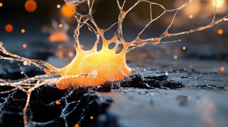 Vibrant abstract artwork depicting neuron connections with glowing structures. This image showcases intricate web patterns and textures in a striking dark background, perfect for scientific or artistic projects.の素材