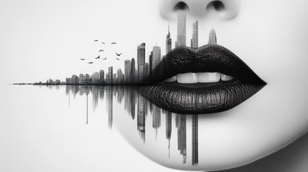 This striking image features a creative blend of a city skyline seamlessly merging into lipstick-clad lips, emphasizing the beauty of urban life.の素材