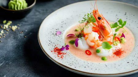 This stylish shrimp dish showcases gourmet culinary artistry with vibrant garnishes and a beautiful presentation, perfect for food enthusiasts.の素材
