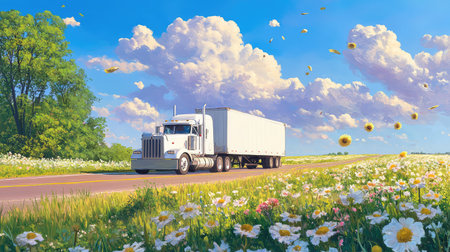 A stunning white freight truck travels along a winding road, surrounded by blooming flowers and vibrant greenery under a bright blue sky.の素材
