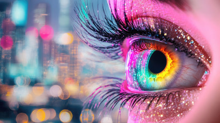 Captivating close-up of a colorful eye showcasing dazzling makeup, with glitter and city lights creating a mesmerizing background. This image embodies beauty and creativity.の素材