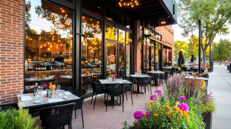 Experience the charm of outdoor dining in a modern restaurant setting with elegant tables, colorful flowers, and a warm ambiance during sunset.の素材