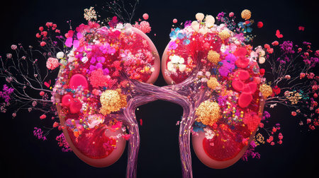 A captivating artistic depiction of human kidneys adorned with vibrant flora and fauna. This imaginative representation blends elements of nature and anatomy, showcasing a unique perspective on health and biology. Colorful details enhance the visual impact, making it a striking piece for creative projects.の素材