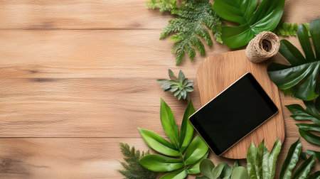 A modern tablet rests on a wooden surface framed by various lush green leaves, creating a serene and artistic environment ideal for relaxation and creativity.の素材