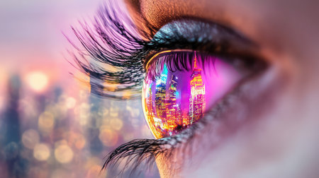 This stunning macro image features a close-up of an eye reflecting a vibrant city skyline, enhanced by colorful lights and a dreamy bokeh background.の素材