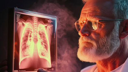 A doctor examines a glowing chest X-ray in a dim light setting, showcasing his expertise and deep consideration of patient health and modern technology.の素材