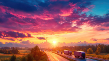This stunning image showcases a vibrant sunset casting warm hues over a highway where trucks travel along the scenic route. The dramatic clouds add depth and beauty to the landscape, creating an idyllic countryside scene perfect for conveying travel and nature themes.の素材