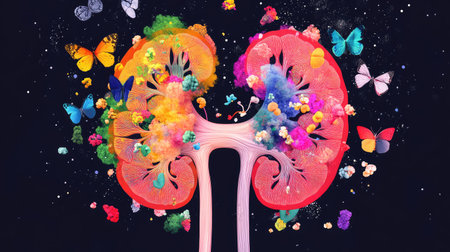 This vibrant and imaginative artwork features human kidneys intertwined with colorful butterflies and flowers, creating a surreal health concept emphasizing beauty and vitality.の素材