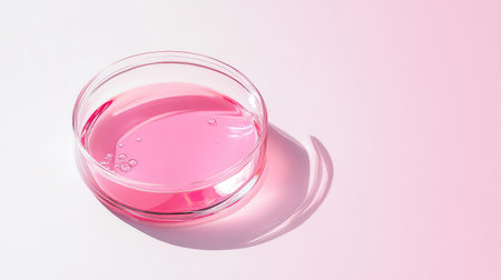 A vibrant pink liquid fills a clear petri dish, casting a soft shadow on a gradient background. Perfect for scientific themes or creative projects, this image captures the beauty of color.の素材