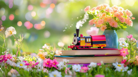 A whimsical scene featuring a colorful toy train resting on stacked books amid a vibrant garden filled with blooming flowers, capturing the essence of childhood joy and creativity.の素材