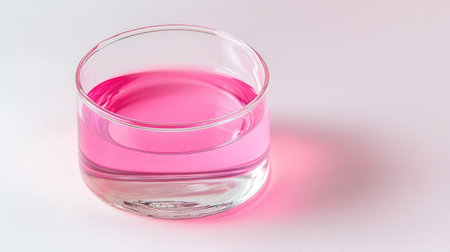 A sleek glass cup filled with vibrant pink liquid sits elegantly on a smooth white surface, embodying simplicity and modern design. Perfect for creative projects.の素材