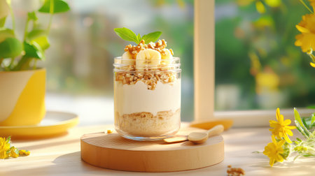 This delightful yogurt parfait showcases layers of creamy yogurt, crunchy granola, and sliced bananas, garnished with fresh mint. Ideal for breakfast!の素材