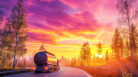 A beautiful tanker truck travels down a winding road during a stunning sunset. The sky is vibrant with colors, surrounded by serene trees.の素材
