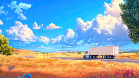 A vibrant landscape featuring a truck parked on a scenic road, with a stunning blue sky filled with fluffy clouds, surrounded by golden fields.の素材
