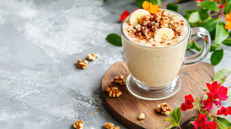 This delightful smoothie features banana and nuts topped with granola, beautifully presented with flowers on a wooden coaster, perfect for healthy eating.の素材