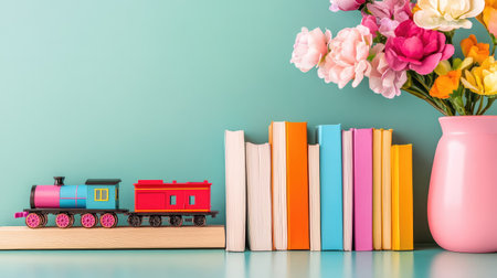 A charming scene featuring a colorful toy train beside neatly arranged books and a vibrant flower bouquet, creating a playful atmosphere.の素材