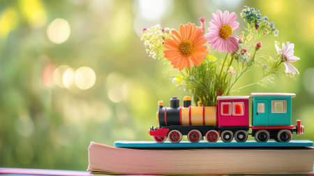 A whimsical scene featuring a colorful toy train with a vibrant flower arrangement placed on a stack of books, set against a bright, natural background.の素材