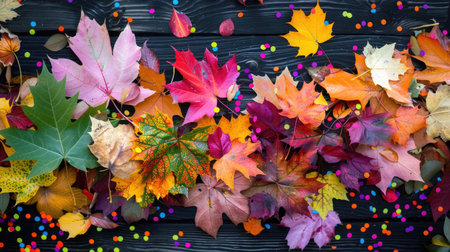 A stunning arrangement of vibrant autumn leaves in shades of red, orange, and yellow, sprinkled with colorful confetti, set against a dark wooden background.の素材