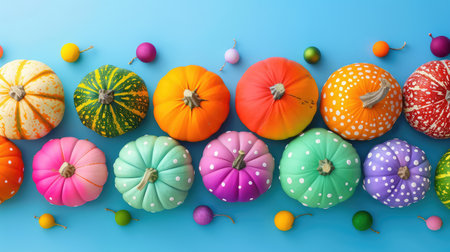 A stunning display of colorful decorative pumpkins arranged on a blue background, perfect for autumn and Halloween themes, adding a cheerful touch.の素材