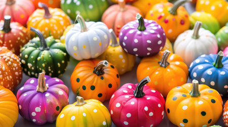 A vibrant collection of miniature pumpkins in various shapes and colors adorned with playful polka dots, ideal for autumn decorations and festive occasions.の素材