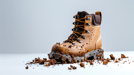 A close-up image of a brown hiking boot covered in mud, symbolizing adventure in nature. Perfect for illustrating outdoor activities and rugged terrain.の素材