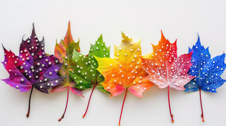 A striking arrangement of vibrant autumn leaves showcasing a colorful gradient from purple to blue, each adorned with delicate water droplets against a clean white backdrop.の素材