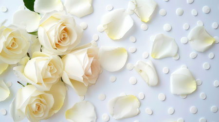 A stunning composition featuring exquisite white roses alongside delicate rose petals and sweet candy accents on a soft backdrop, perfect for romantic themes.の素材