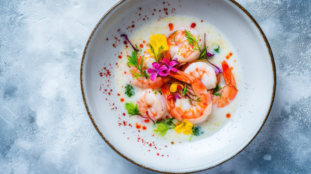 A stunning presentation of shrimp adorned with colorful edible flowers and fresh herbs, perfect for showcasing gourmet cuisine in food photography.の素材