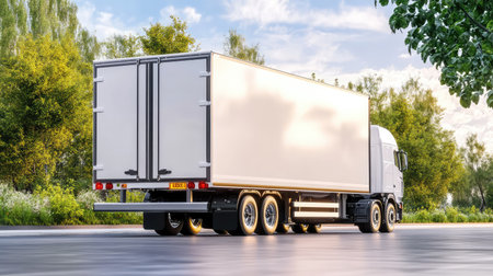 A large white transport truck is seen from the rear as it drives down a scenic country road. The stunning backdrop features green trees and a bright blue sky, emphasizing the truck's purpose in logistics and transportation.の素材