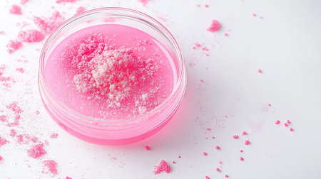 This image features bright pink powder beautifully arranged in a transparent container against a clean white background, ideal for beauty product displays.の素材
