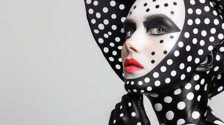 This captivating image features a model adorned in polka dot attire, showcasing bold makeup and a stylish hat, all set against a minimalist background.の素材