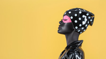A striking profile of a stylish mannequin featuring polka dot headwear and bold pink makeup, set against a cheerful yellow background, showcasing contemporary fashion art.の素材