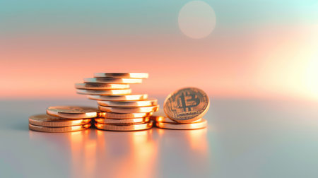 A visually striking composition featuring stacked gold coins with a prominent Bitcoin symbol, perfect for illustrating themes of wealth and digital finance.の素材
