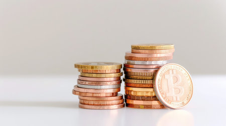 A detailed display of stacked coins alongside a prominent Bitcoin representation, highlighting modern currency concepts and the evolution of finance technology.の素材