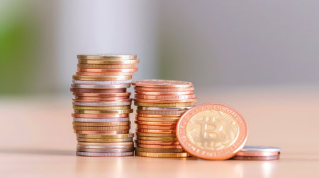 Close-up image of stacks of various coins representing digital currency, highlighting the concept of investment in modern finance and technology.の素材
