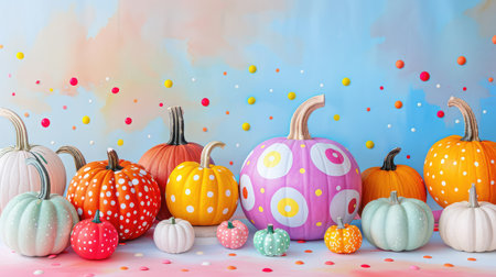 A vibrant arrangement of colorful decorative pumpkins in various sizes, featuring unique designs with polka dots and stripes. Perfect for autumn themes.の素材