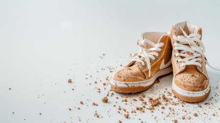 A pair of worn-out sneakers sits on a light background, scattered with dust and dirt, symbolizing adventure and outdoor activities. Ideal for casual themes.の素材