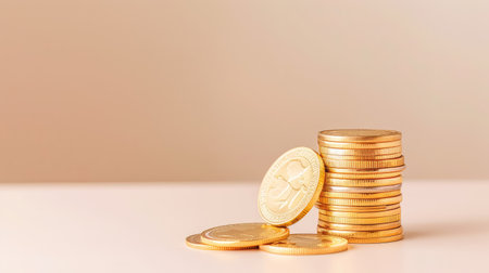 This image features a carefully arranged stack of shiny golden coins on a smooth surface, symbolizing financial gain and economic stability in a soft backdrop.の素材