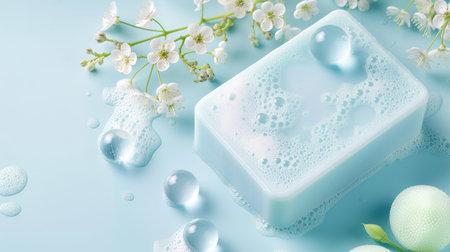 This image features a soft blue soap bar placed on a light blue background, adorned with delicate white flowers and bubbles. Perfect for health and skincare themes.の素材