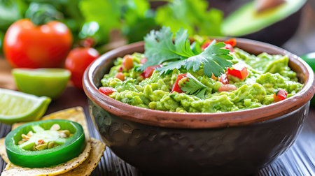 A vibrant bowl of freshly made guacamole featuring creamy avocado, juicy tomatoes, fragrant cilantro, and zesty lime. Perfect for dipping and sharing!の素材