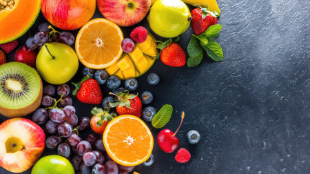 A vibrant assortment of fresh fruits including apples, oranges, kiwis, and strawberries, beautifully arranged on a dark surface showcasing their rich colors and textures.の素材