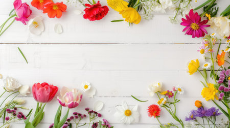 A vibrant collection of assorted flowers displayed on a rustic white wooden surface, creating a cheerful and refreshing atmosphere for spring or summer themes.の素材