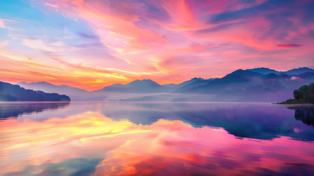 A stunning sunrise paints the sky with vibrant colors above a tranquil lake, surrounded by majestic mountains and peaceful reflections on the water's surface.の素材