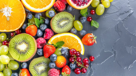 A vibrant collection of fresh fruits including oranges, kiwis, berries, and grapes arranged beautifully on a gray background, showcasing health and vitality.の素材