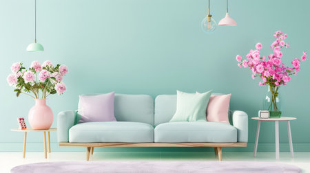 This image showcases a modern living room featuring a pastel teal couch, cheerful flowers, and a welcoming ambiance, perfect for stylish home aesthetics.の素材