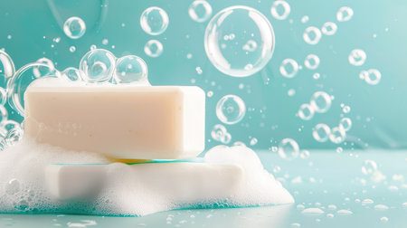 A vibrant soap with bubbles rests on a soft background, representing the essence of cleanliness and personal care. Ideal for beauty and hygiene themes.の素材