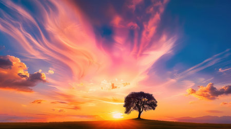Captivating sunset view showcasing a lone tree silhouetted against a backdrop of vibrant colors and swirling clouds, embodying natural beauty and tranquility.の素材